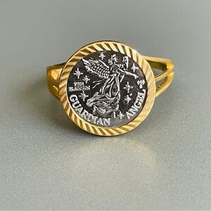 Platinum Coin GUARDIAN ANGEL In 18k Yellow Gold Ring STUNNING!